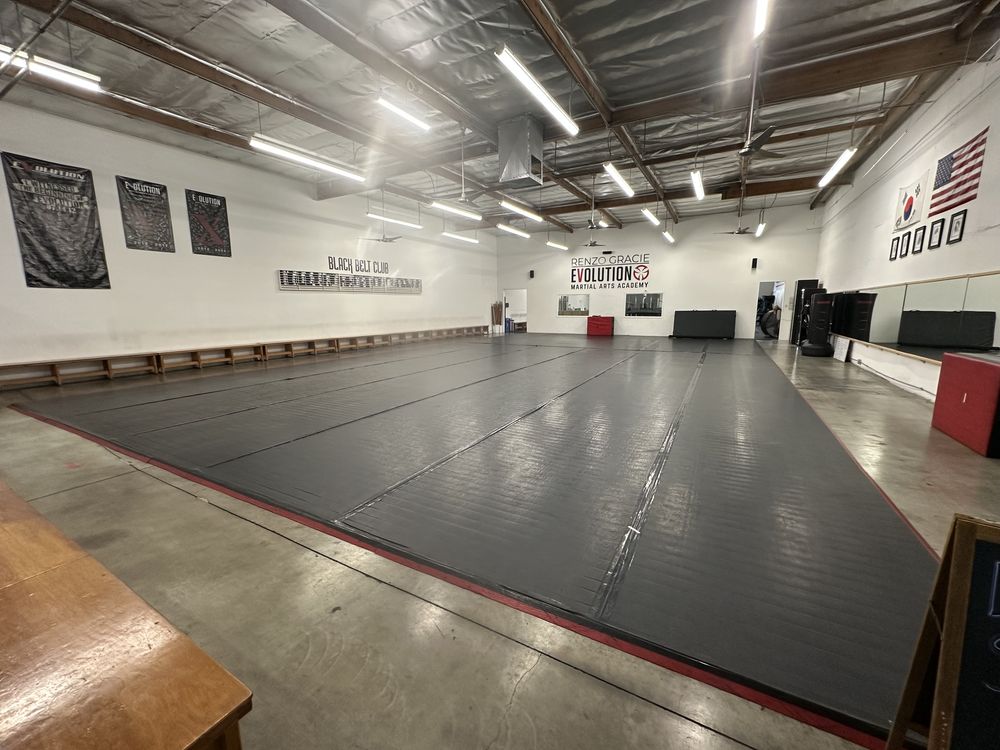 Main training mat at Renzo Gracie Evolution in Chatsworth with the academy wall sign and flags