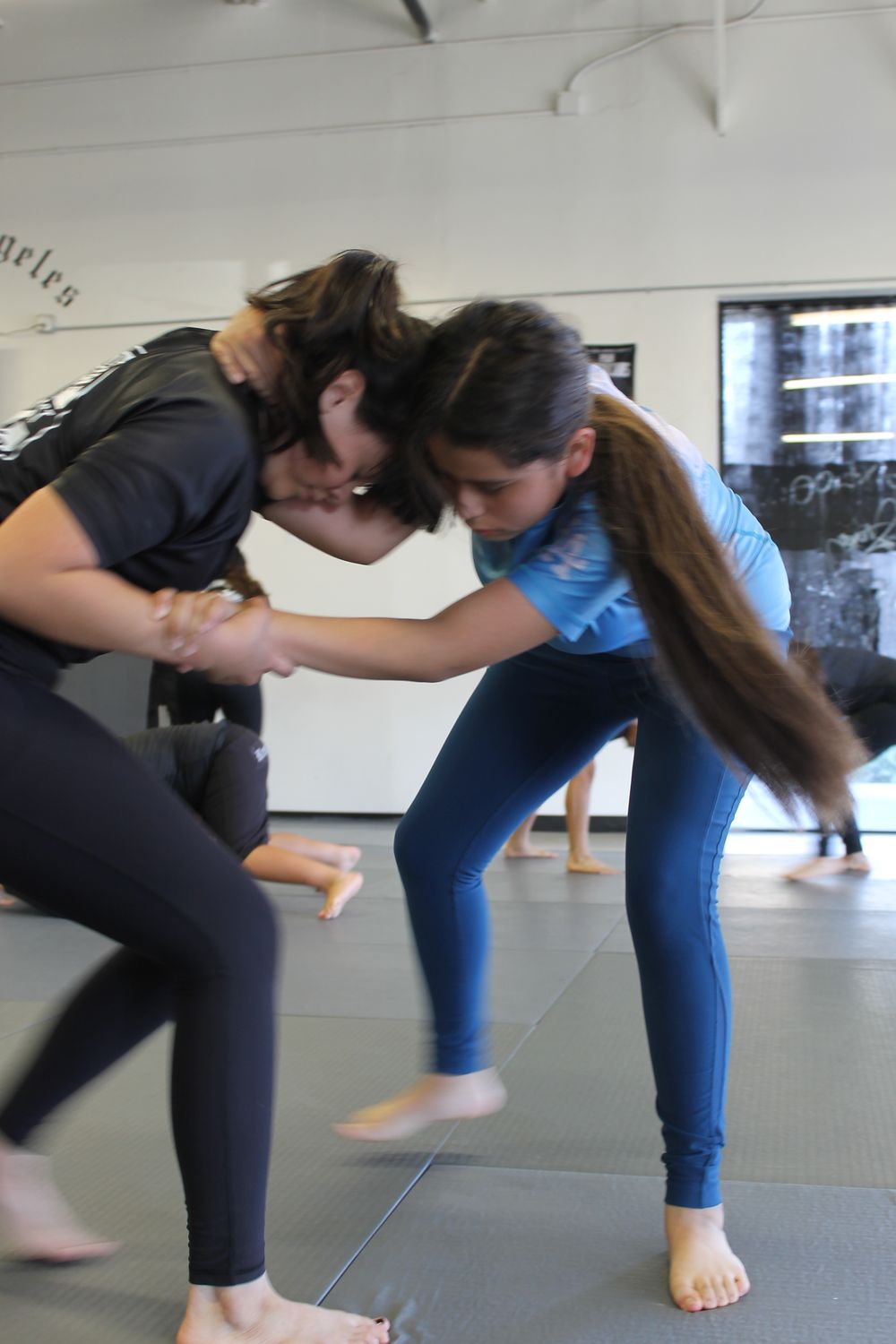 Two women grappling no-gi during an adult Jiu-Jitsu class at Renzo Gracie Evolution in Chatsworth